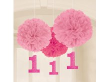 Rožiniai pompomsai "Pirmasis gimtadienis" (3vnt)