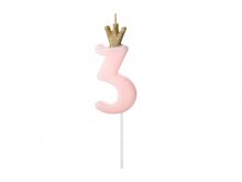Žvakutė "3", rožinė su karūna