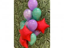 Balionų puokštė - Raudonos žvaigždutės ir žali, violetiniai balionai
